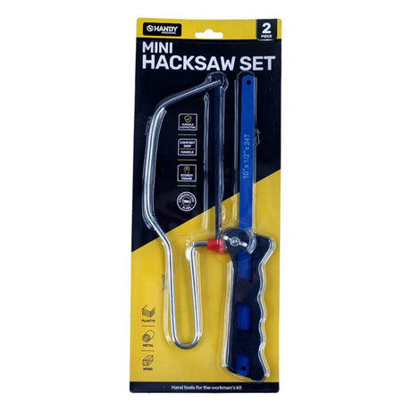 Packaged mini hacksaw set with yellow and black design on a white background