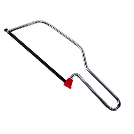 Metal coping saw with a red handle on a white background