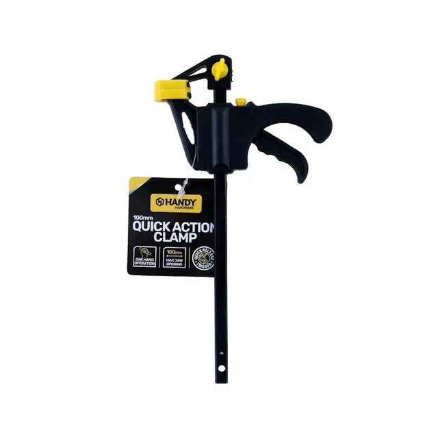 Black quick action clamp with yellow accents on a white background, featuring the brand 'Handy'.