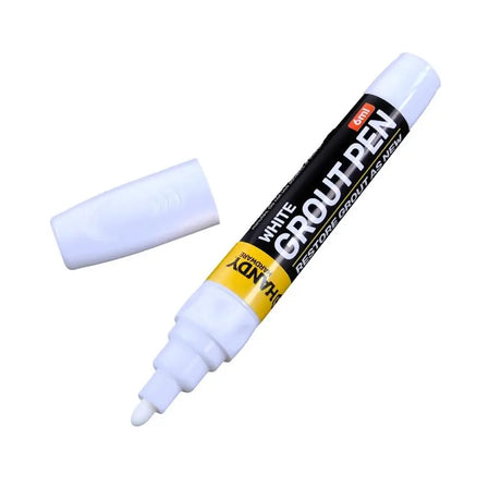 White grout pen with black label on a white background