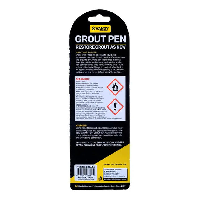 Packaging of a grout pen with warning labels on a white background