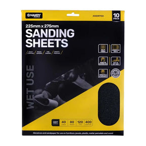 Packaging of sanding sheets with yellow and black design on a white background