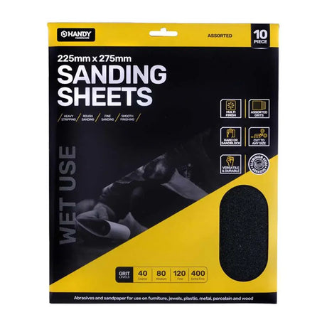 Packaging of sanding sheets with yellow and black design on a white background
