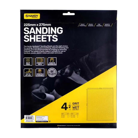 Packaging of sanding sheets with black and yellow design, featuring the brand 'Handy'.