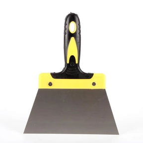 Construction putty knife with black and yellow handle on a white background