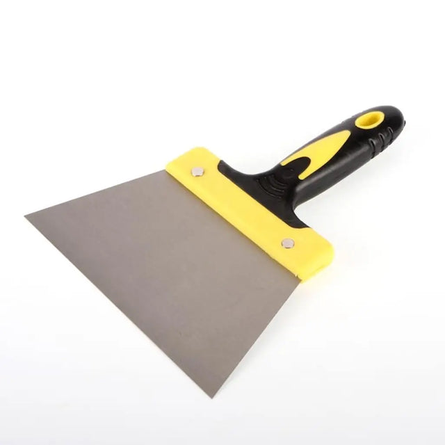 Construction putty knife with yellow handle on a white background