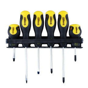 Set of six screwdrivers with black and yellow handles on a white background