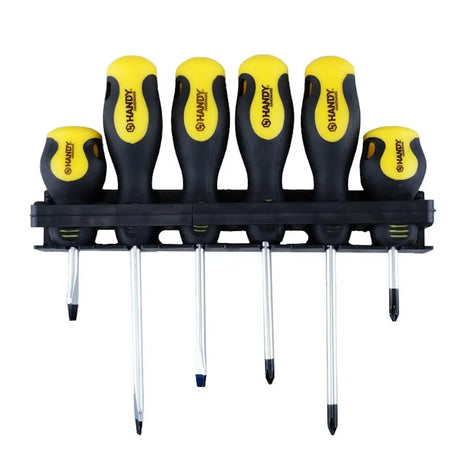 Set of six screwdrivers with black and yellow handles on a white background