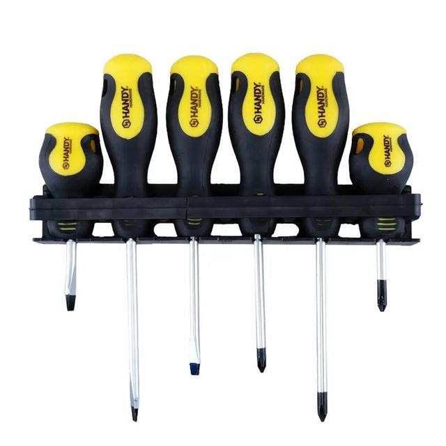 Set of six screwdrivers with black and yellow handles on a white background