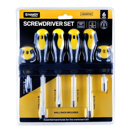 Packaged screwdriver set with yellow and black handles on a white background