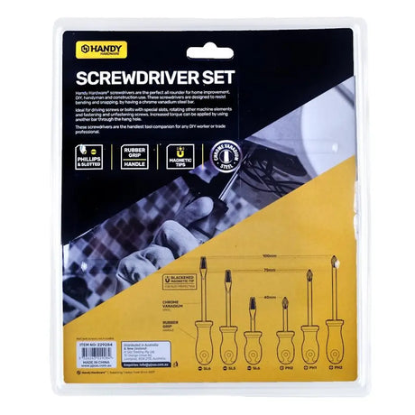 Handy brand screwdriver set packaging with tools and branding details.