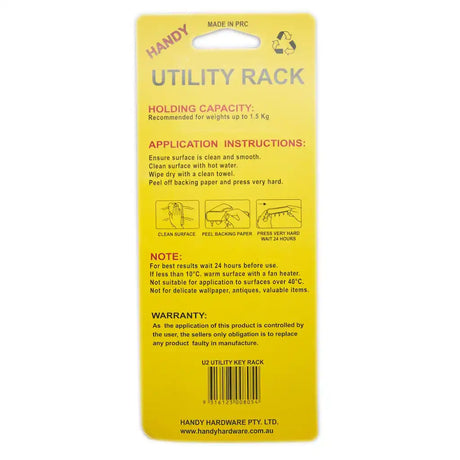 Yellow label with text and instructions for a utility rack on a white background