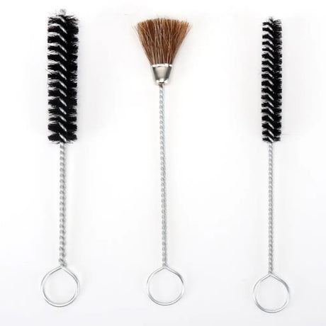 Three cleaning brushes with long silver metal handles and loop ends, shown on a plain white background. Two brushes have black bristles, and the center brush has brown bristles with a silver metal ferrule.