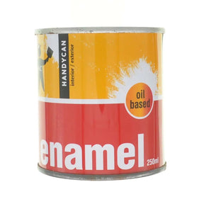 Can of Handycan enamel paint with orange and red label on a white background