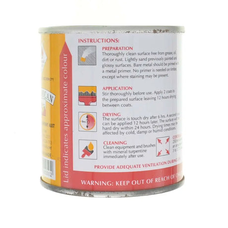 Can of paint with label showing instructions and warnings on a white background