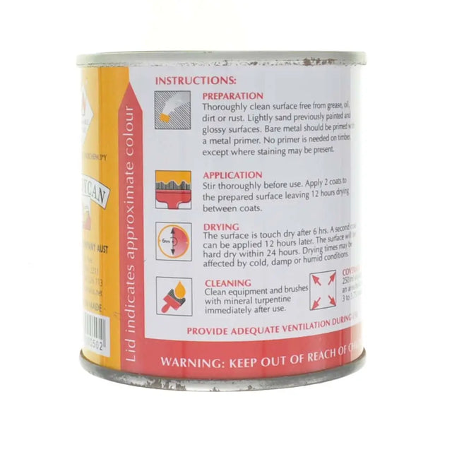 Can of paint with label showing instructions and warnings on a white background