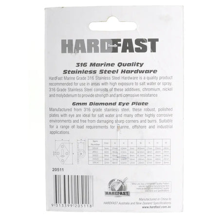 Hardfast stainless steel hardware packaging with product details on a white background