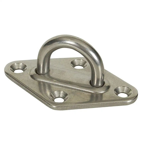 Metal clevis plate with a circular eyelet on a white background