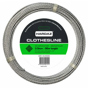 A coiled spool of HARDAZ Clothesline 3.5mm medium gauge galvanized wire, 30 meters in length, with a black and green paper label, on a white background.