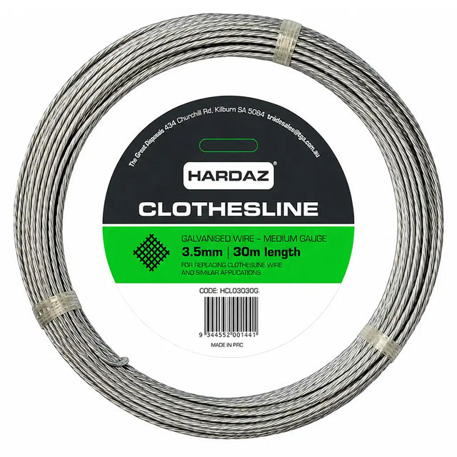 A coiled spool of HARDAZ Clothesline 3.5mm medium gauge galvanized wire, 30 meters in length, with a black and green paper label, on a white background.