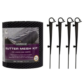 Hardaz Gutter Mesh Kit with roll of mesh and four black clips on a white background