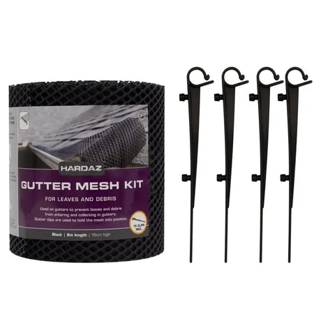 Hardaz Gutter Mesh Kit with roll of mesh and four black clips on a white background