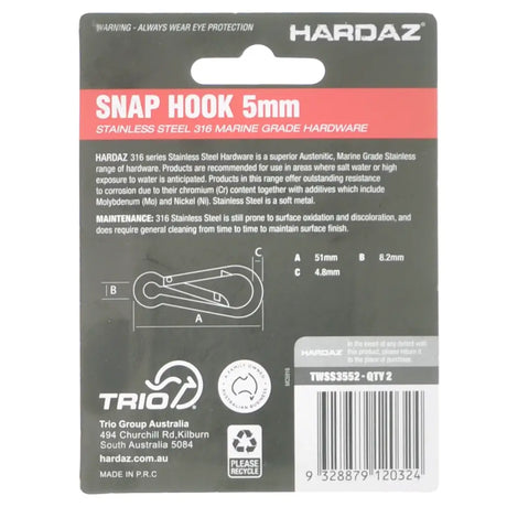 Hardaz snap hook packaging with product details on a white background