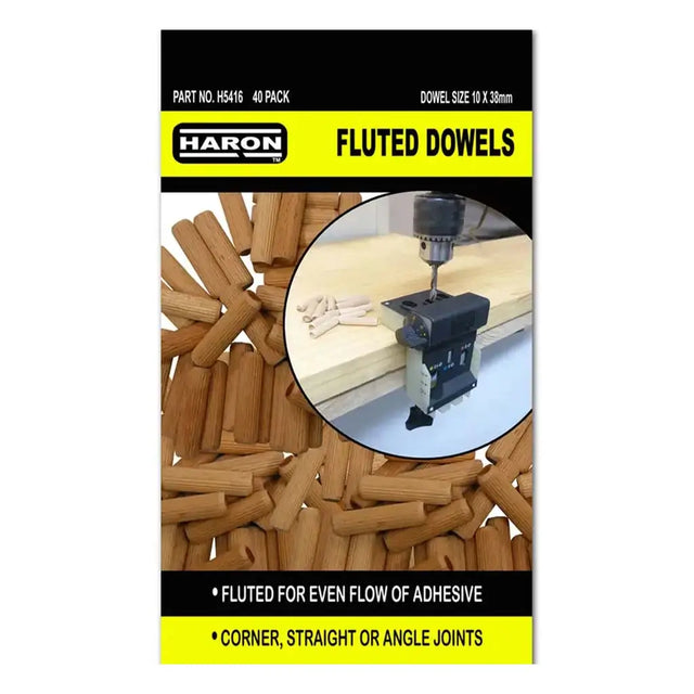 Haron fluted dowels packaging with a drill bit and dowels on a white background
