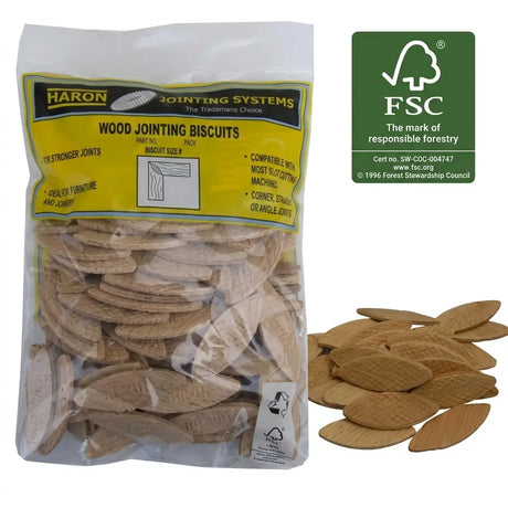 Bag of Haron Wood Jointing Biscuits with FSC logo on a white background
