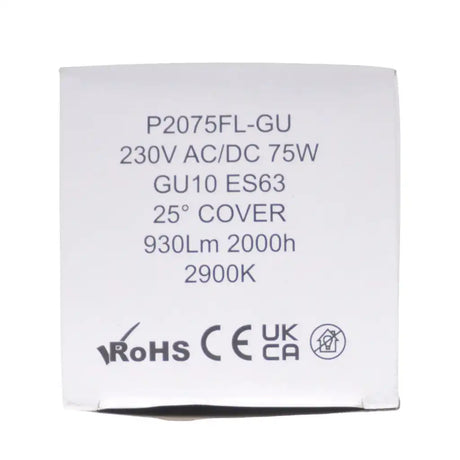 Light bulb packaging with technical specifications on a white background