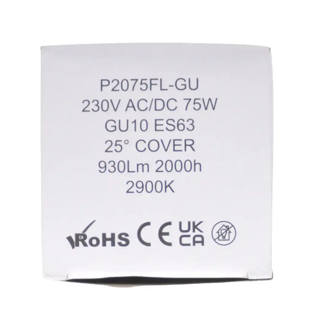 Light bulb packaging with technical specifications on a white background