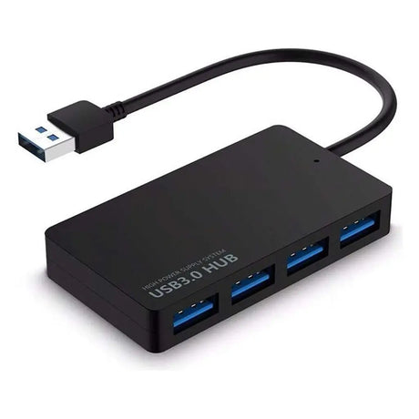 Black USB 3.0 hub with four ports and a cable on a white background