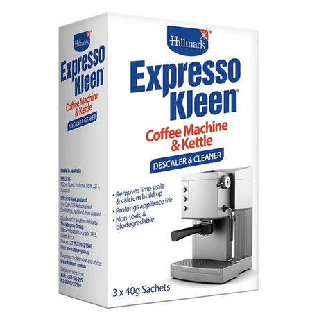 Box of Hillmark Expresso Kleen Coffee Machine & Kettle Descaler & Cleaner on a white background