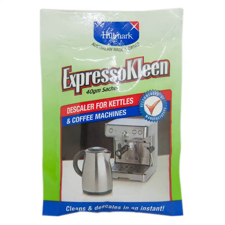 Hillmark ExpressoKleen descaler package for kettles and coffee machines on a white background