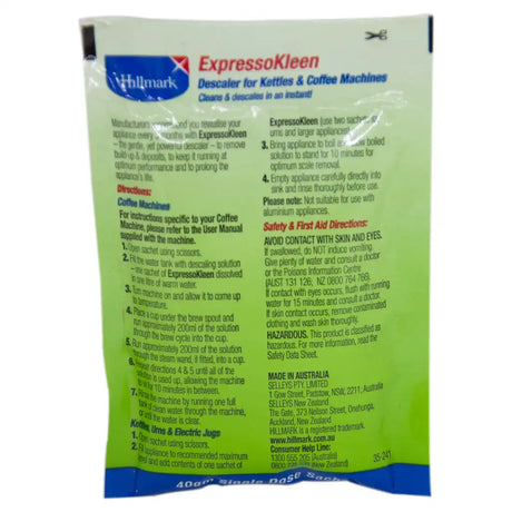 Package of Hillmark ExpressoKleen descaler for kettles and coffee machines on a white background