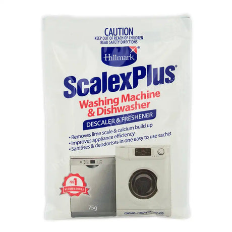 Hillmark ScalexPlus washing machine and dishwasher descaler and freshener packaging on a white background