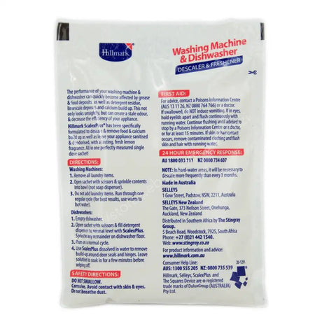 Hillmark washing machine and dishwasher descaler & freshener packet with text on a white background