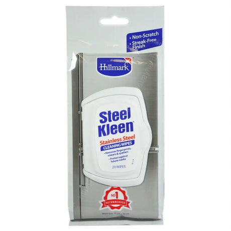 Pack of Hillmark Steel Kleen stainless steel cleaning wipes on a white background