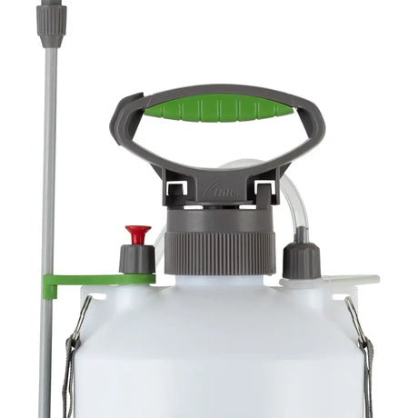 White spray pump with green and gray handle on a white background