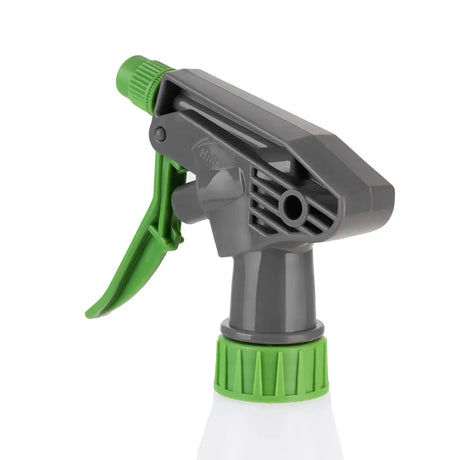Spray bottle with green nozzle and gray body on a white background