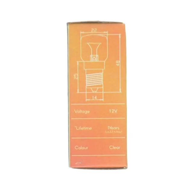 Box of a light bulb with technical details on an orange background