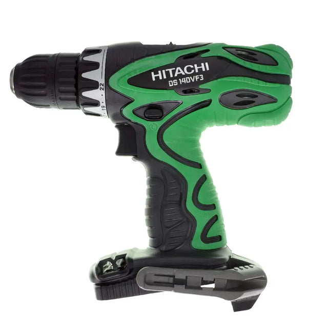 Green and black Hitachi drill on a white background