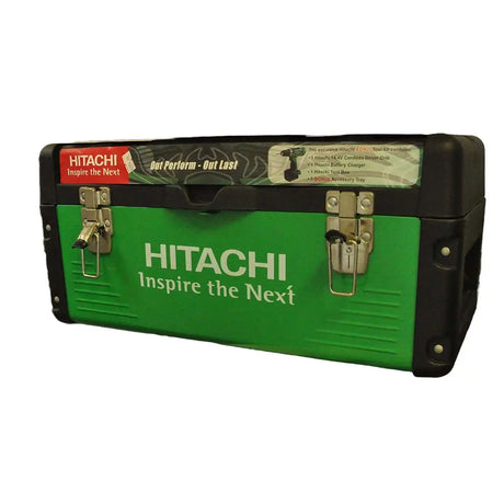 Green Hitachi toolbox with branding on a white background