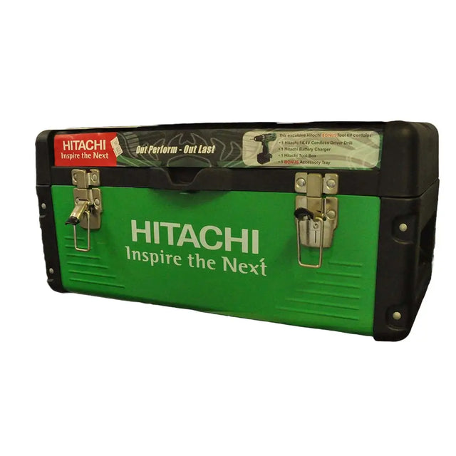 Green Hitachi toolbox with branding on a white background