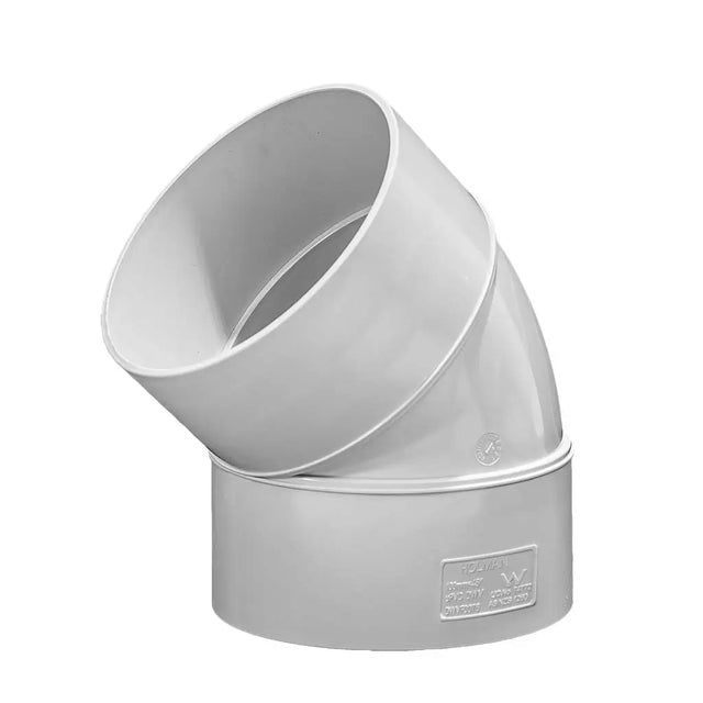 White plastic elbow pipe fitting on a white background