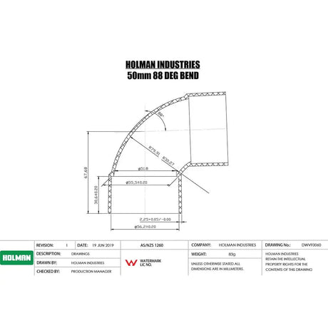 Technical drawing of a 50mm 88 deg bend with dimensions and specifications, branded 'Holman Industries'.