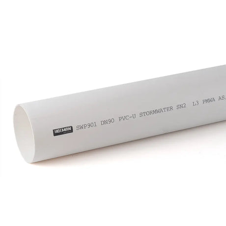 White PVC-U stormwater pipe with specifications on a white background