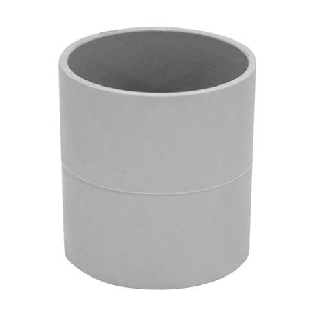 Gray cylindrical pvc coupling on a white background