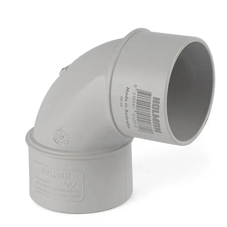 Gray plastic pipe fitting with branding on a white background
