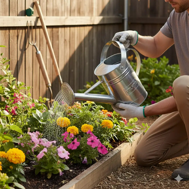 Person watering flowers in a garden with gardening tools in the background